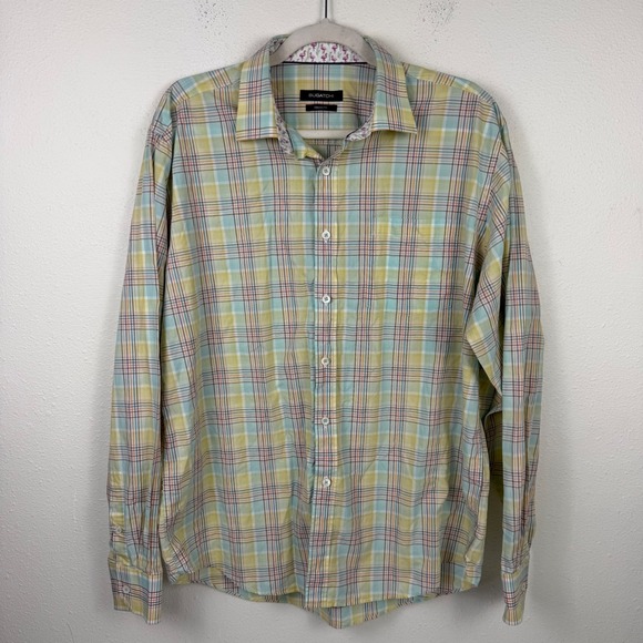 Bugatchi Other - Bugatchi Mens Classic Fit‎ Plaid Button Down Shirt Yellow Green Flamingo Large